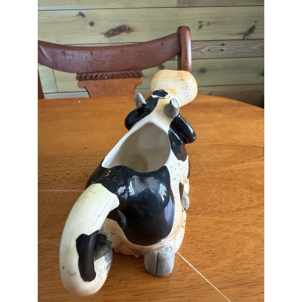 CERAMIC HAPPY COW CREAMER HOME ESSENTIALS AND BEYOND BLACK AND TAN READ